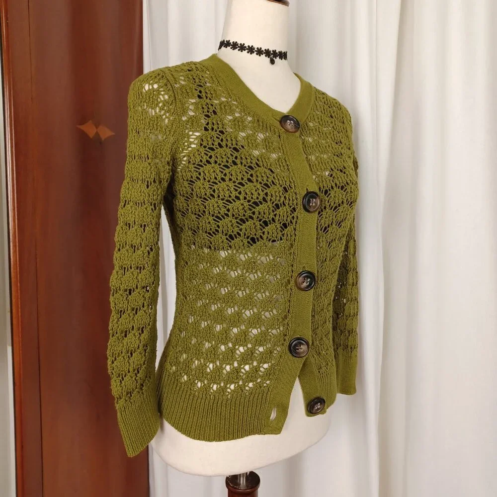 Vintage 100% Cotton Pointelle Knit Cardigan, Olive Green, XS/S - Picture 3 of 8